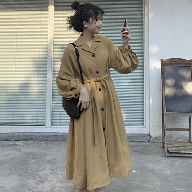 トレンチコート レディース 秋 ロングコート ロングワンピ 長袖 パフスリーブ コート 春 ワンピース マキシ丈 レトロ アウター ロング プレゼント