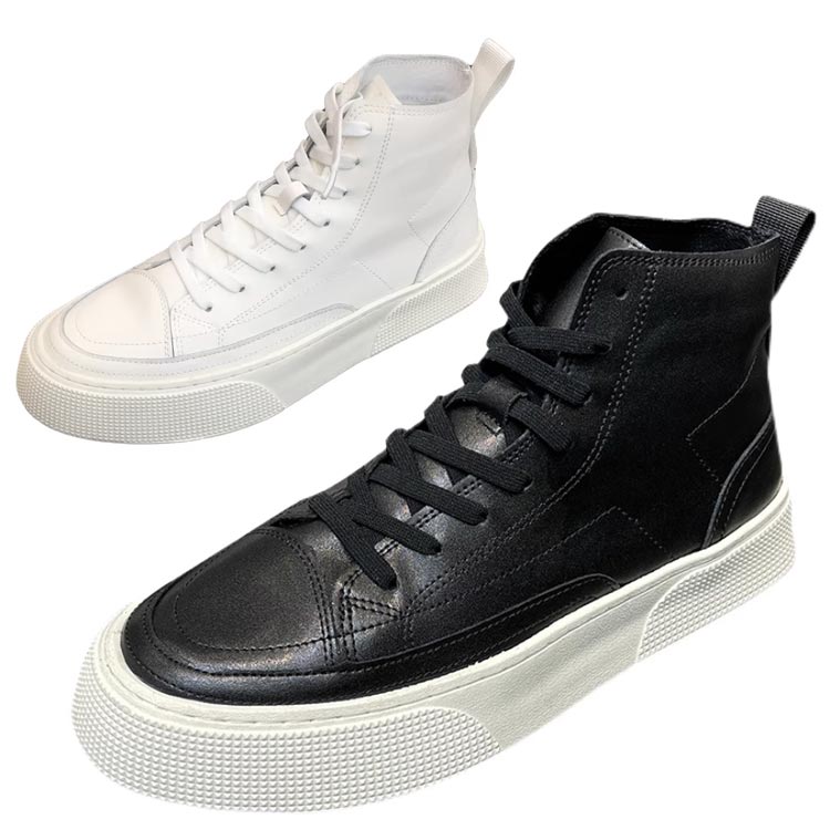 スニーカー メンズ 本革 ミドルカット シークレットシューズ 厚底ソール ハイカット レースアップ 本革 ホワイト 白 ブラック 黒 5cmUP