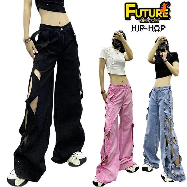 [新品入荷]デニムパンツ レディース 大人 kpop衣装 ダンスパンツ 透かし彫り 透け感 ブルー ブラック ピンク ワイドパンツ ジャズダンス ダメージ カジュアル ワイドパンツ
