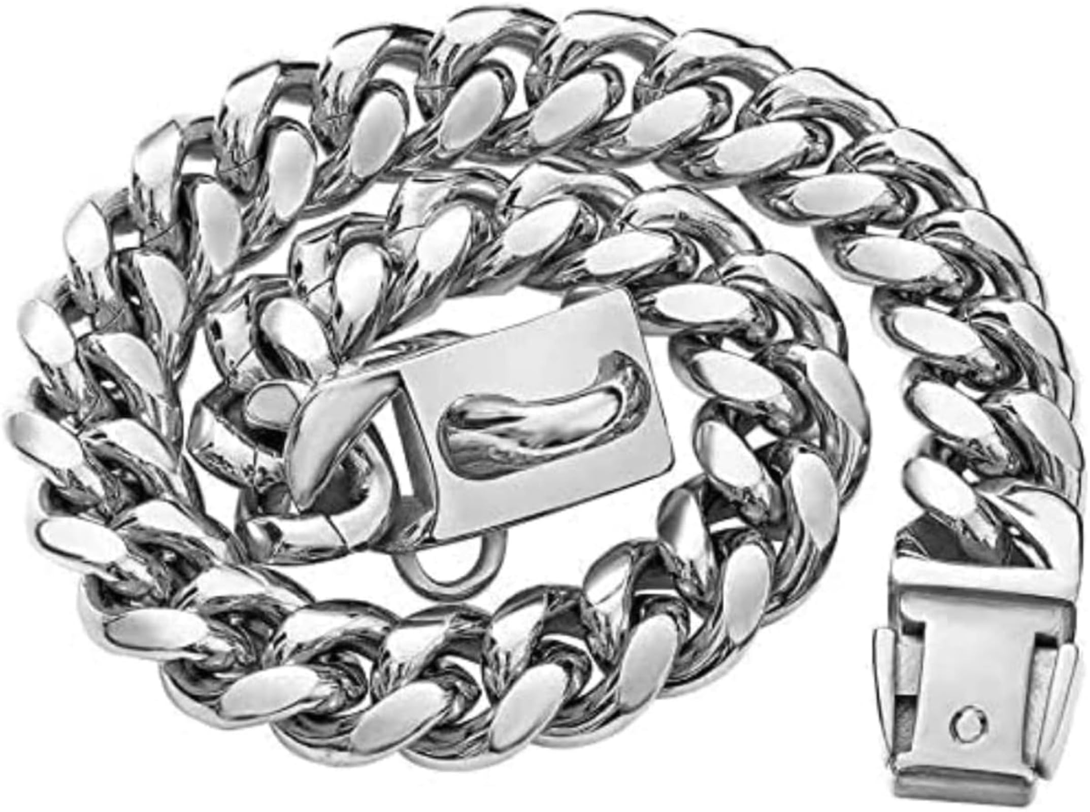 犬の首輪 ファッションゴールドチェーン付き ステンレス鋼製 小中大サイズあり 強力なペットチョーカー兼用 大型犬トレーニングにも適した 革素材の犬の首輪 (シルバー 30cm)