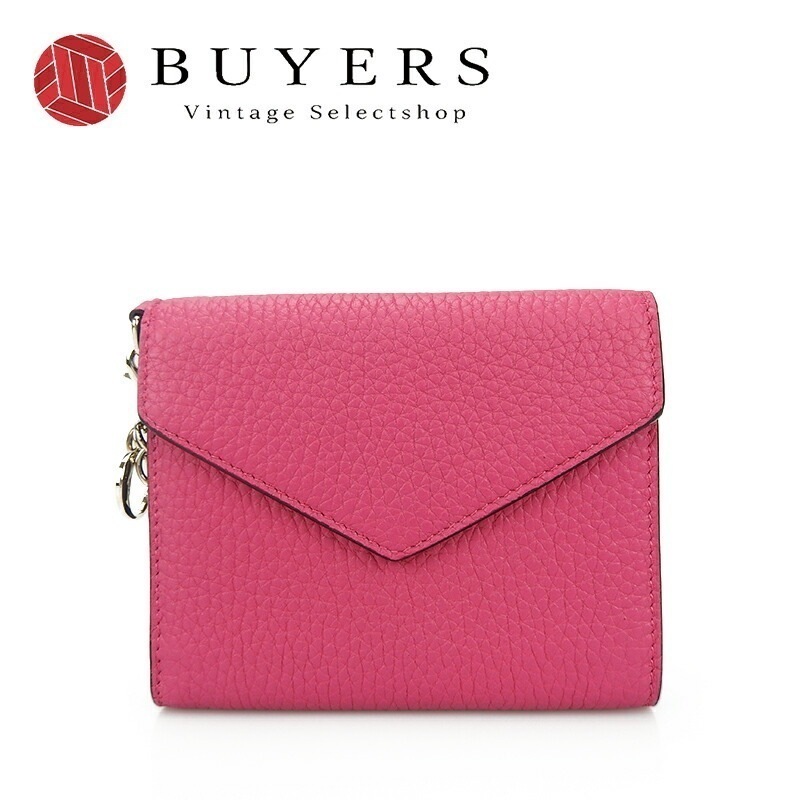 中古 【美品】Christian Dior クリスチャンディオール コンパクトウォレット 財布 ピンク ネイビー レザー 革 ロゴチャーム wallet pink navy leather l