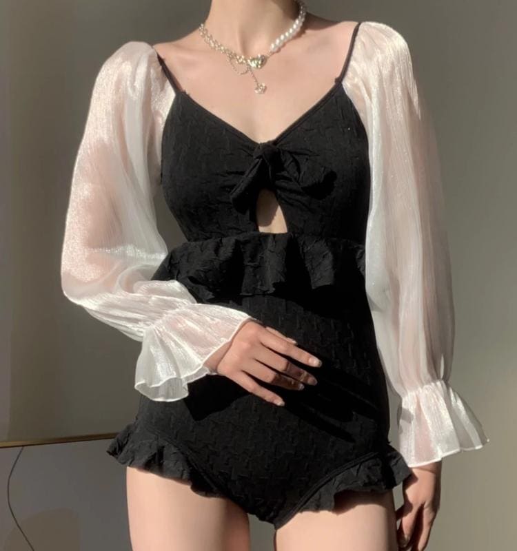 ワンピース 水着 レディース かわいい 夏 プール ビーチ カジュアル 長袖 三角 ブラック 黒 ハイウエスト