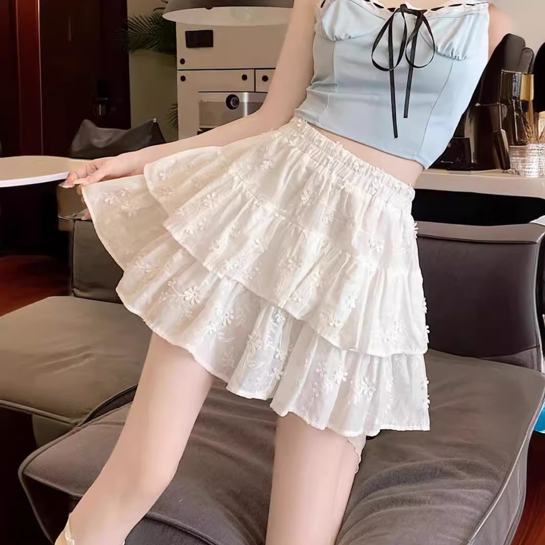 【1つ買うと10つ無料】夏の女性のための白いふわふわケーキスカートスカート