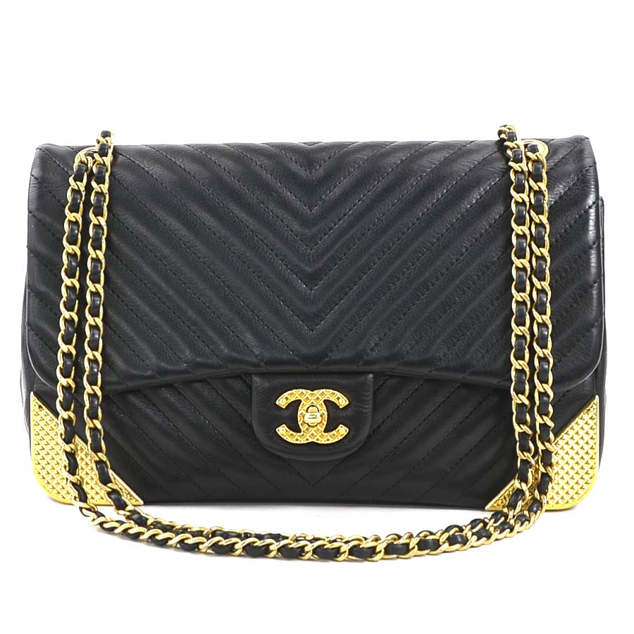 シャネル CHANEL ショルダーバッグ Vステッチ レザー/メタル ブラック/ゴールド レディース w1086aショルダーバッグ
