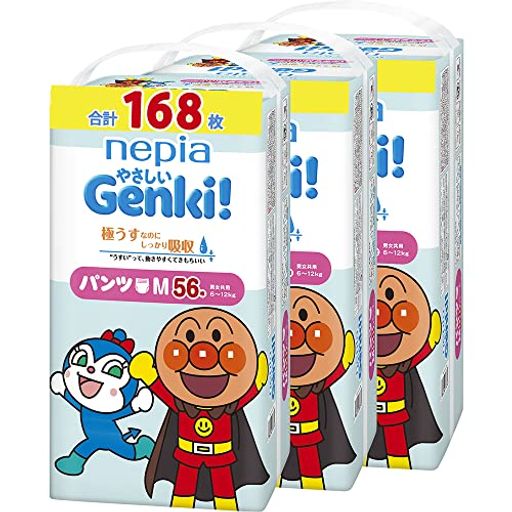 ネピアGENKI! 【パンツ Mサイズ】 アンパンマン おむつ ネピア やさしいGENKI! パンツ [ケース品] ホワイト (6~12KG)168枚(56枚×3)