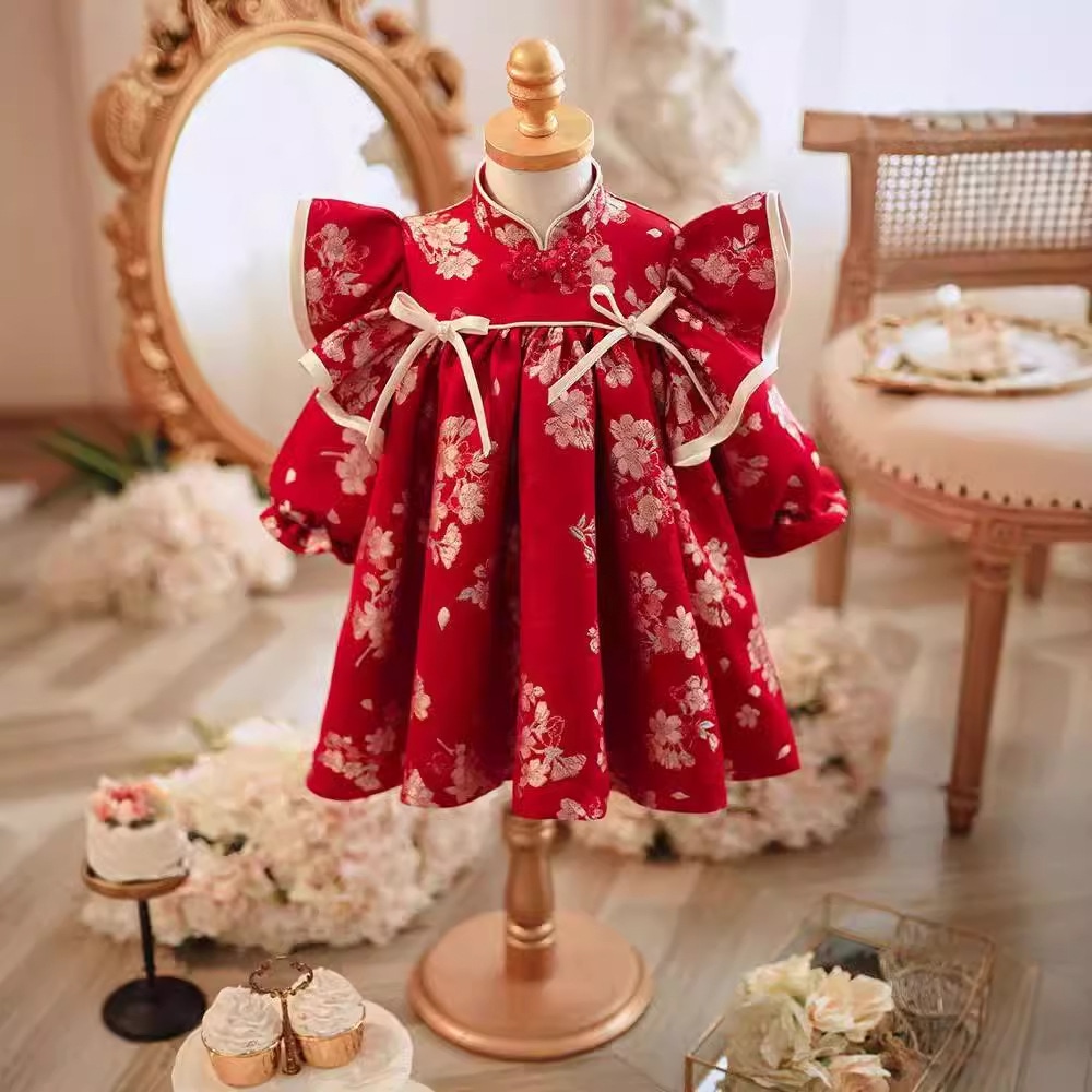 スタイルの赤ちゃんのための1歳のドレス語スタイルの誕生日レッドリトルプリンセスドレス女の子の赤ちゃんキャッチチョンサムスプリング