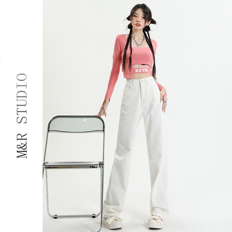 パンツ デニム レディース カジュアル スタイリッシュ 秋冬 女性用 白い ストレート レッグ ジーンズ 春先 女性用 ハイウエスト スリム 多目的 ワイド レッグ