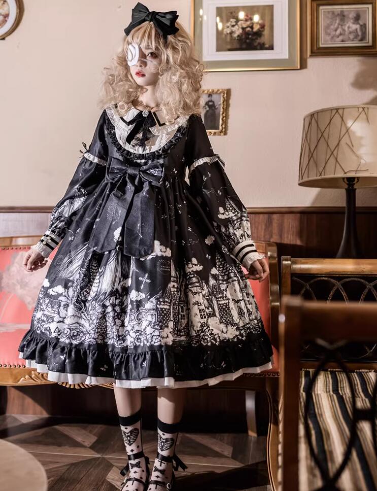 200【新作登場 最安値】 ロリータ 長袖黒ワンピース　 ゴスロリ コスプレ メイド服 コスチューム 文化祭 学園祭 衣装 仮装 ハロウィン おすすめ 可愛い 日常　写真　舞台　花嫁　洋服