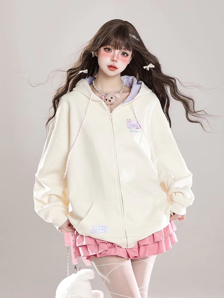 2024 秋冬トップスかわいい パーカー フード付き韓国風 プリント 長袖ゆったり細見え白黒おしゃれレトロシルエット大人っぽ韓国フルサイズファッション系ルーズレディースサイド学生通学トラック羽織り