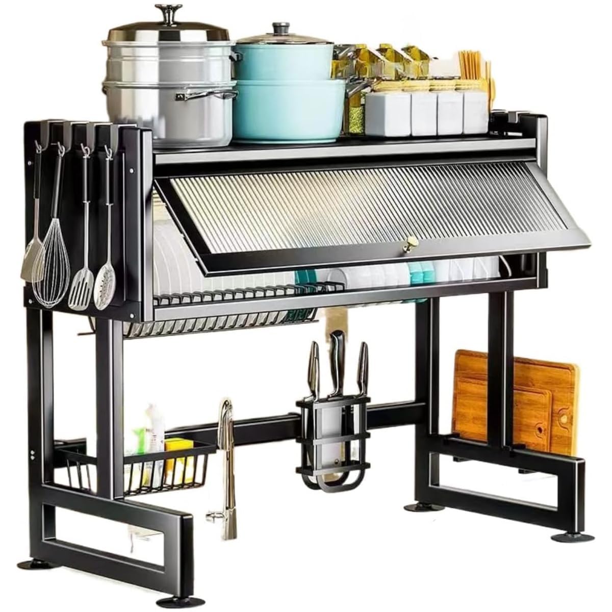 シンク上ディッシュラック 食器水切り シンク上 85x31x80cm キッチン収納ラック 防錆 自動排水 大容量 多機能収納 組立簡単 食器乾燥 キッチン整理収納（ブラック）