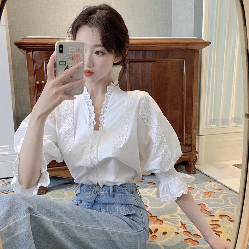 パレススタイルフレンチブラウス トップス ブラウス 白トップス l 長袖 パフスリーブ Vネック レース 大人可愛い きれいめ シンプル 上品 おしゃれ レトロ ラブリー とろみ感 無地 春 秋