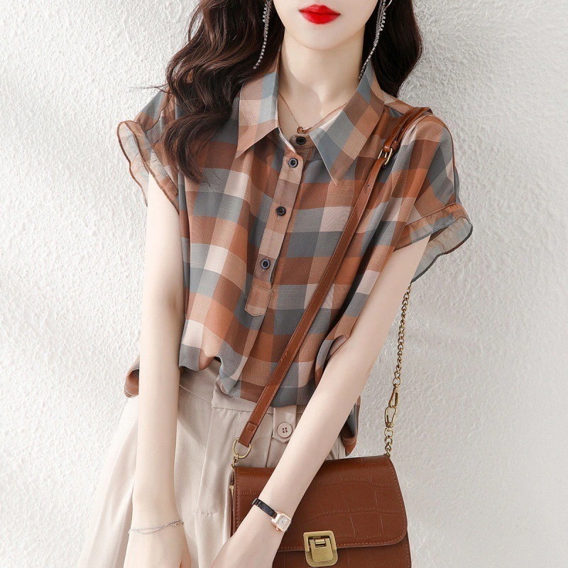シャツブラウス シフォンブラウス チェック柄シャツ チェックシャツ 襟付き シフォン シフォンチュニック レディース トップス