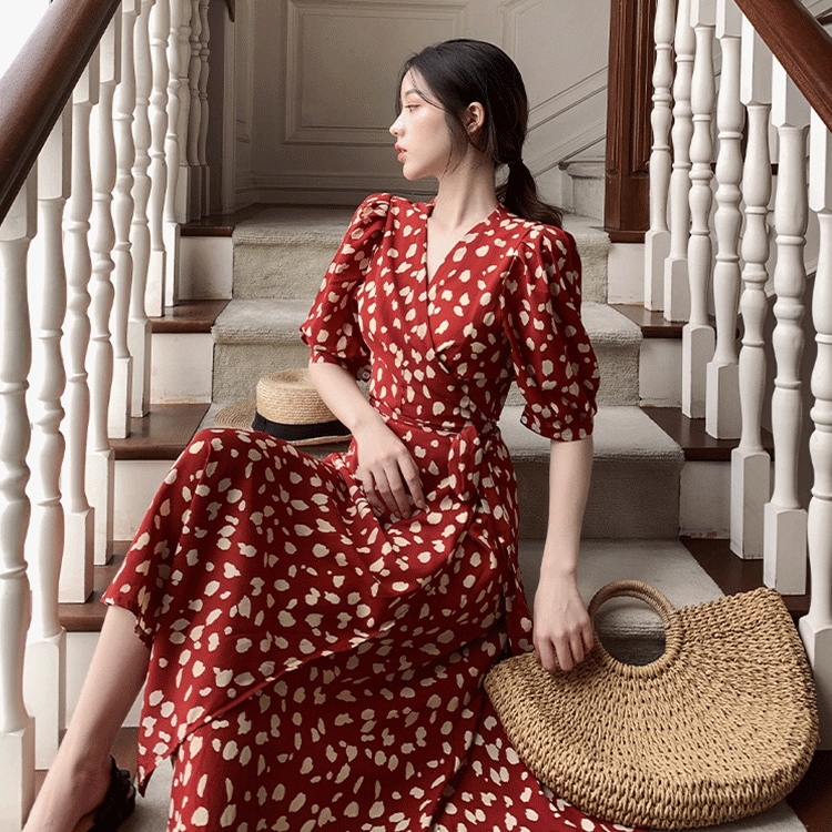 有名な高級ブランド Xライン Aライン ミモレ丈 ロング丈 フレアワンピース フレア 送料無料 レディース ワンピース レッド 5分 五分袖 パフスリーブ パワーショルダー 半袖 サープリスネック Vネック ドット柄 赤 半袖ロング マキシ丈ワンピ サイズ L Tusd Ir