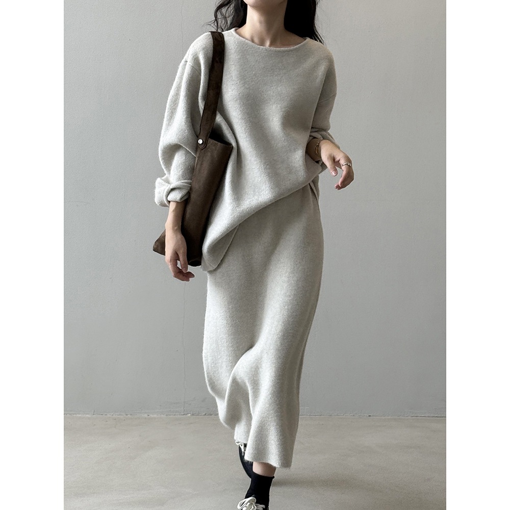 Yan Shuangラウンドネックセーター+スカートセットレディース秋のシンプルなニットワンピース怠惰なツーピースセットP220