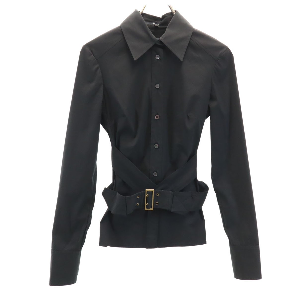 イタリア製 長袖 ベルト付き シャツ 38 ブラック レディース 古着