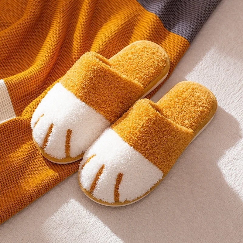 女性のための暖かくて柔らかいぬいぐるみのスリッパ,素敵な猫の足のプリント,デザイナーのファースリッパ,静かな寝室の愛好家,屋内ふわふわの靴 Yellow 40-41(24.5-25cm)