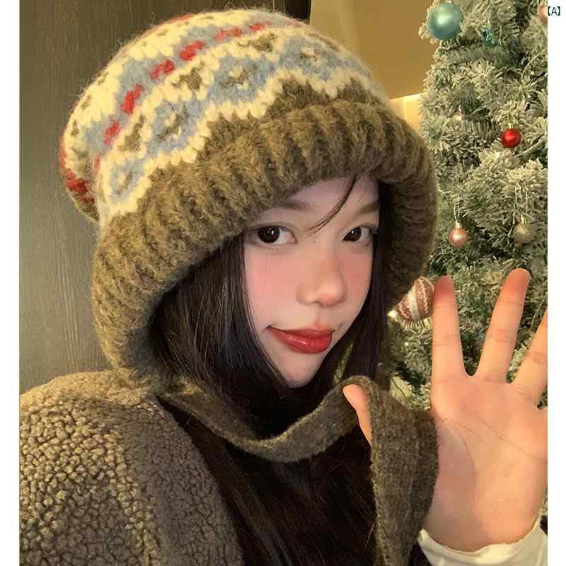 レディース　ファッション　小物　ファッションアイテム フェアアイル ニット 帽子 レディース 冬 レトロ 目出し帽 バッグ 暖かい 耳保護 ウール