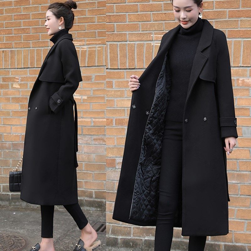 ブラック ラシャコート 韓国ファッション スリミング トレンチコート アウター セミロング 厚手 防寒コート 体型カバー