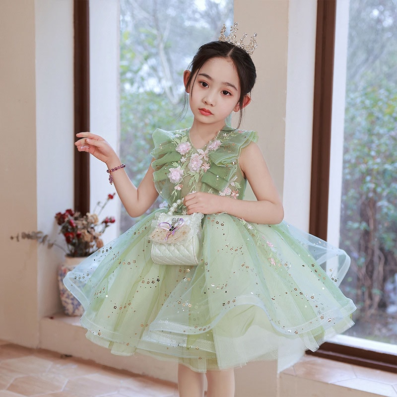 送料無料 子供ドレス グリーン ショート丈 女児ドレス 花柄 フレア フリル 可愛い 七五三ドレス ミニドレス 女の子 結婚式 キッズドレス 刺繡花柄 オシャレ ピアノ発表会ドレス 演奏会ドレス 10