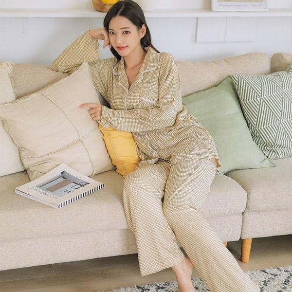 チーズ長袖春秋パジャマチェックツーピース3color