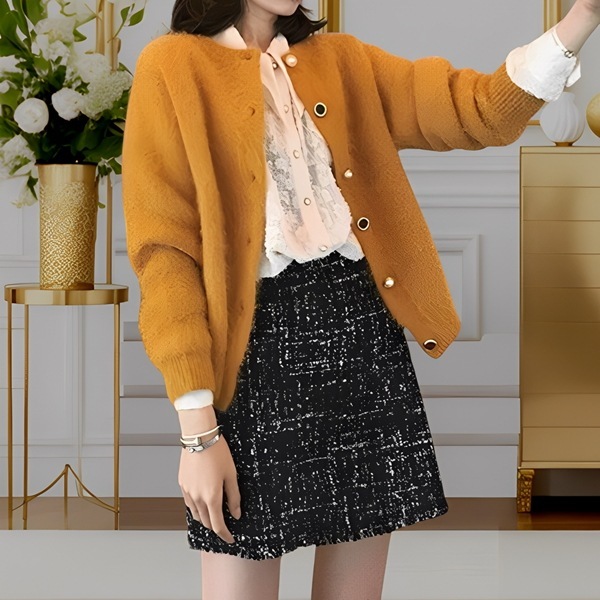 「ミンクベルベットセーターカーディガン」レディース トップス カーディガン プルオーバー 上着 長袖 ラウンドネック ノーカラー ストレート ボタン リブニット ベルベット 大人可愛い 上品