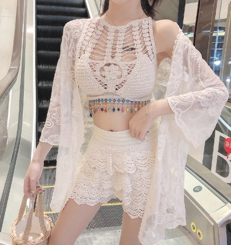 水着 ビキニ スイムウェア レディース タンキニ 体型カバー 短パン 羽織り セパレート 長袖 レース ウエストマーク クロシェ シースルー メッシュ セット スリーピース 上下セット かわいい