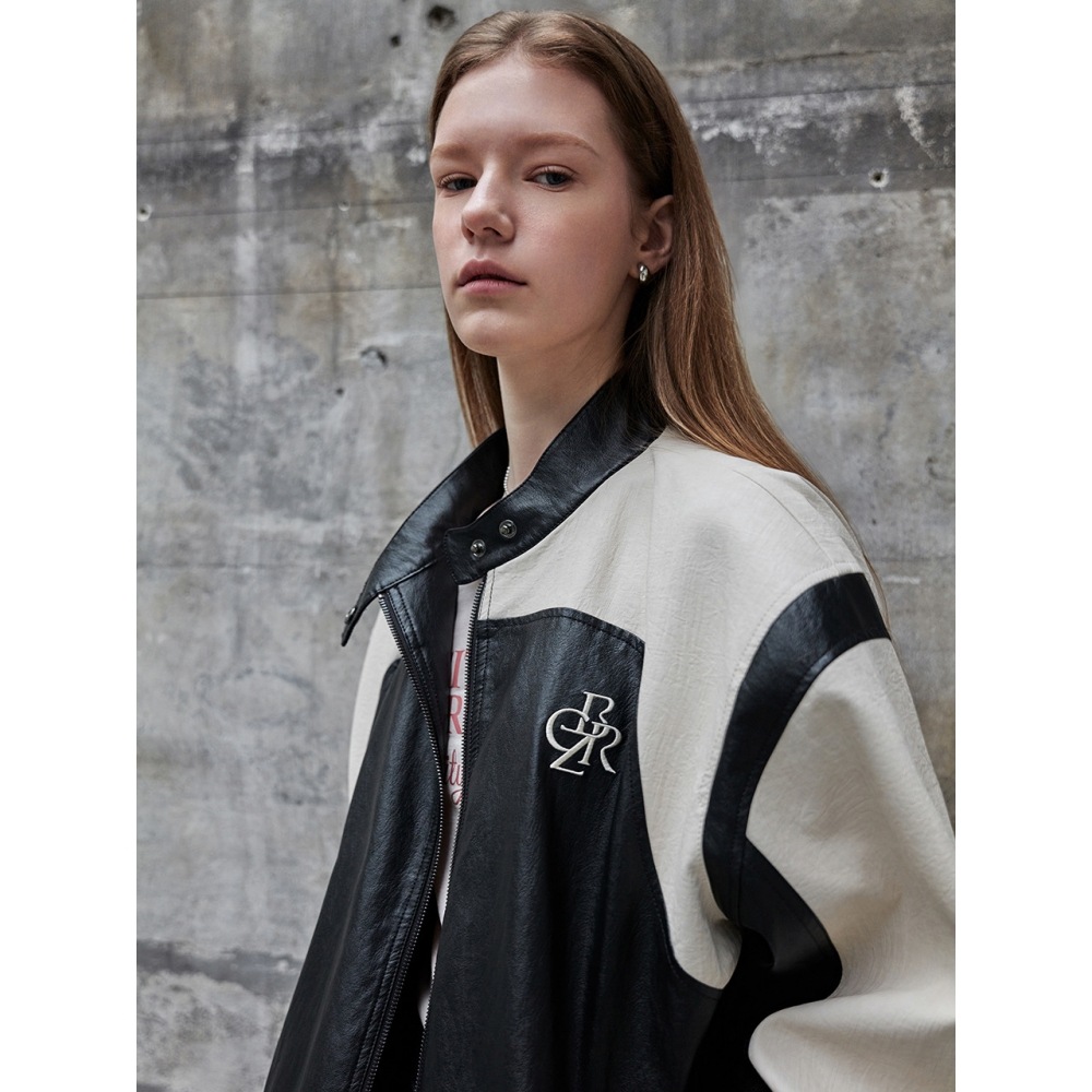 CITYBREEZE ビーガンレザーカラーブロックレーシングジャンパーブラック