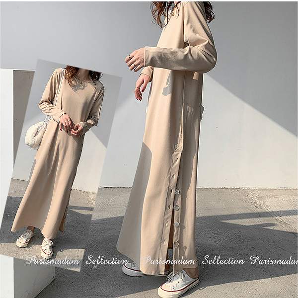 限定SALE!サイドスリット　ロングワンピース　伸縮素材　長袖　超ロング丈　ベージュ　ブラック　女子会20代30代40代50代60代お出かけ