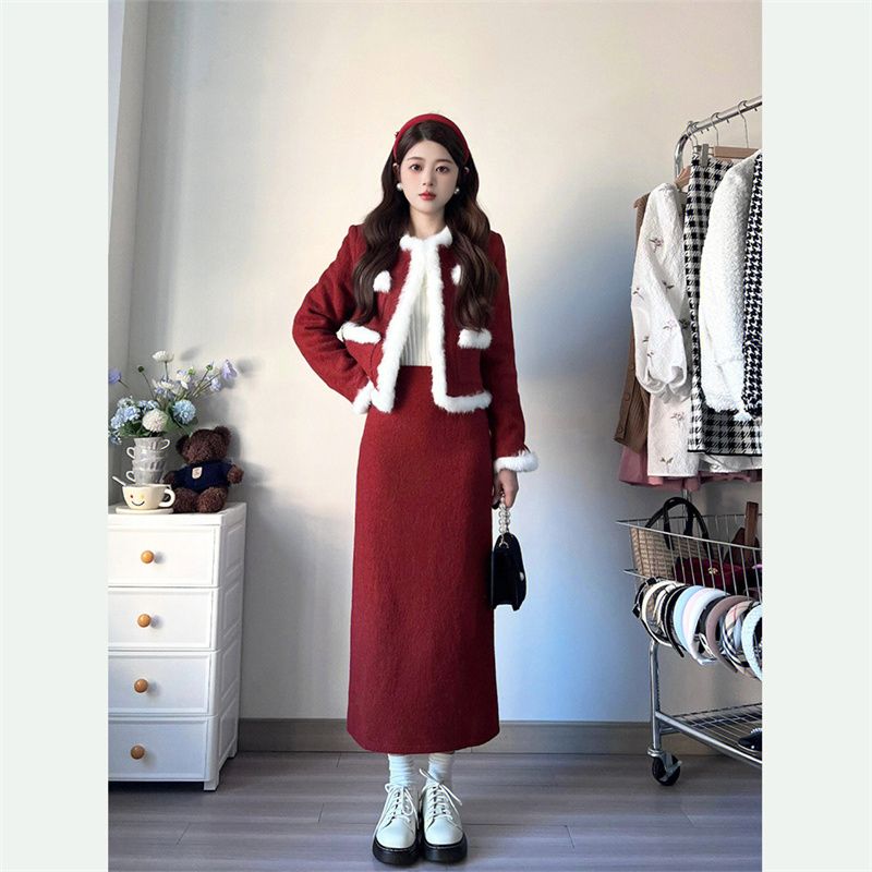 レッド衣装スーツレディース2024春秋洋風小ジャケット2点セット