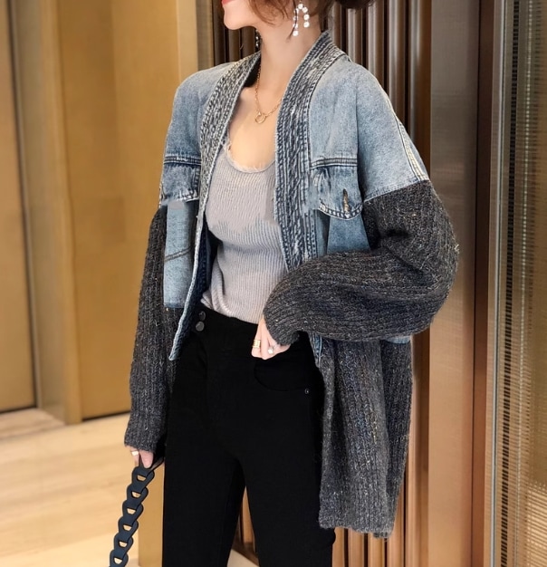 レディース トップス ジャケット ニット カーディガン 丈長 長袖 前開き 切り替えデザイン 中厚手 大人可愛い カジュアル おしゃれ かっこいい レトロ こなれ感 ラフ ルーズ 個性的 モード系