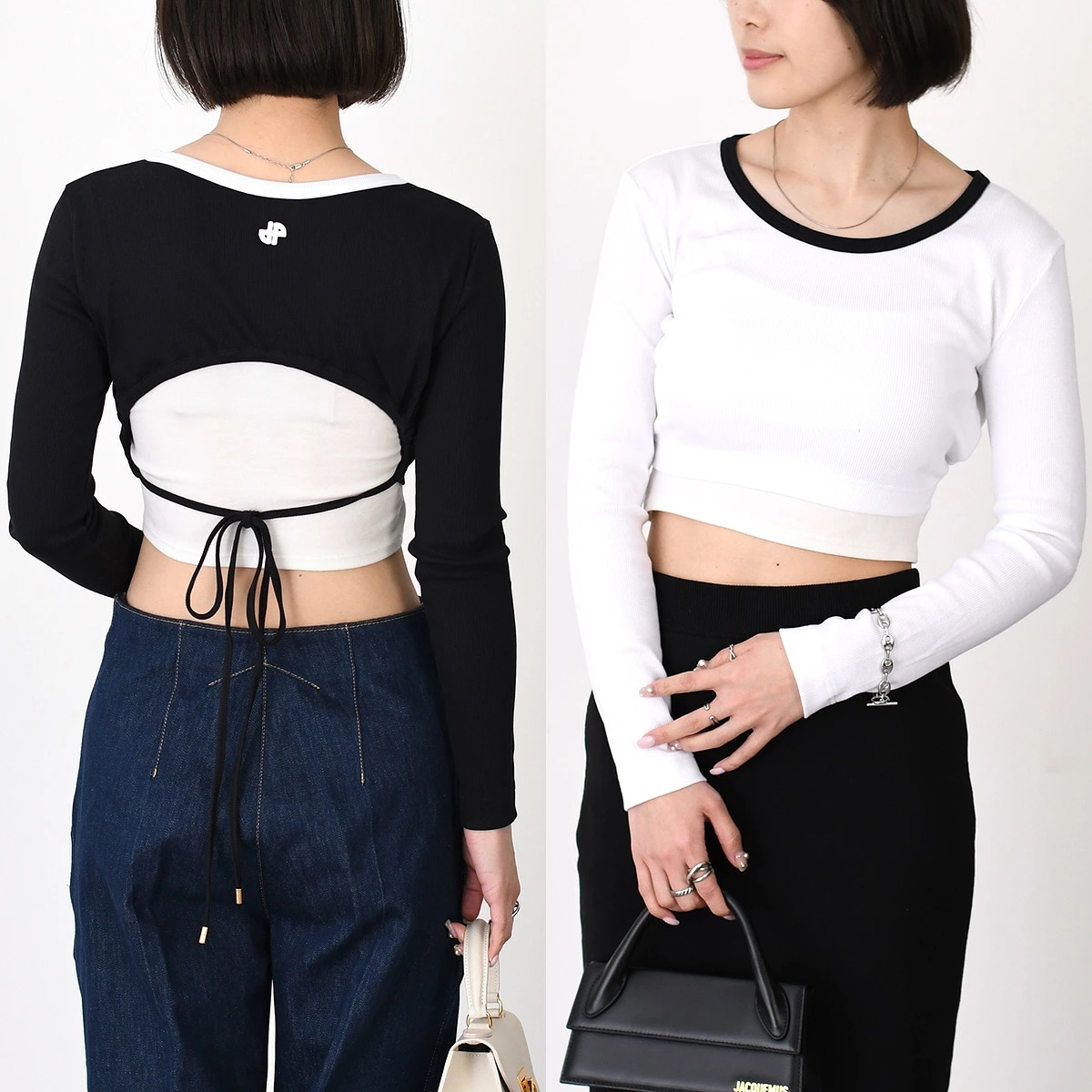 カットソー JE107 9978 オープンバック クロップド Tシャツ ロンT レディース ブラック ホワイト 長袖 ショート丈 カジュアル おすすめ 人気