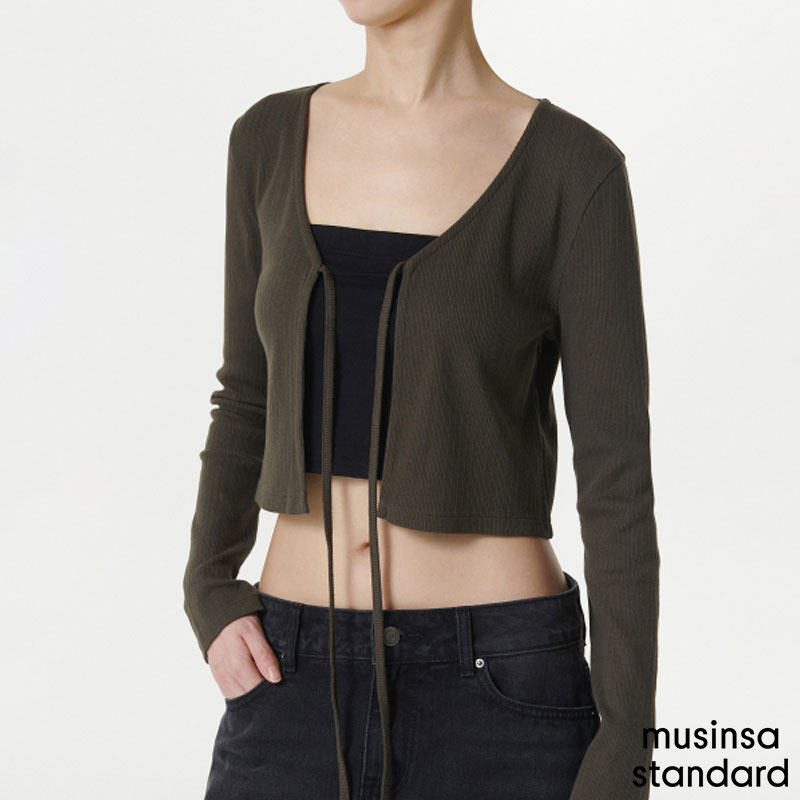 [무신사] 女性用リブ付きタイアップクロップカーディガン ( DARK OLIVE )