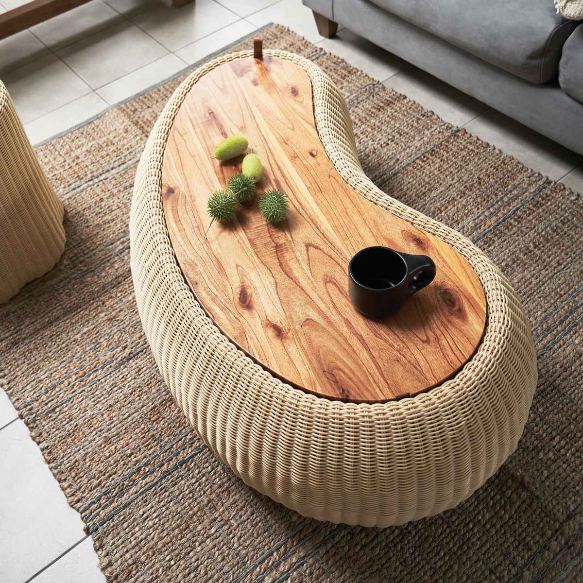 ビーンズ型 センターテーブル 幅114cm ラタン調 テーブル リビングテーブル ローテーブル 人工ラタン 収納付き 天然木 カフェテーブル ソファテーブル コーヒーテーブル 天板下収納 木目