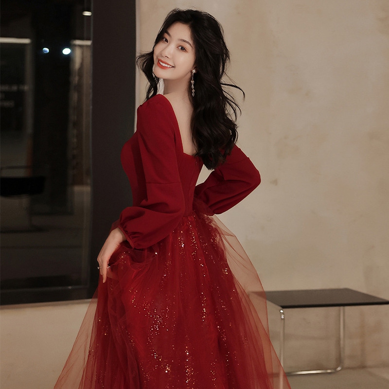 ウェア花嫁 2024 レッド秋婚約長袖エレガントなガーゼスカート結婚式のドレス女性バックドア