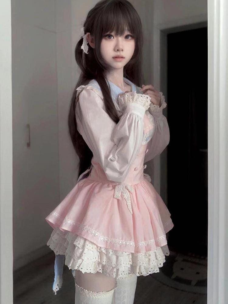 ロリータ 二次元 メイド服 ロリータ コスプレ 学院祭用 シャツ +サロペットスカート  二点セット メイド服 韓国ファッション