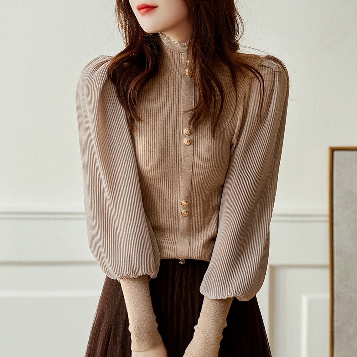 【No.1 人気商品】 フェミニン ランタンスリーブ 長袖 ハーフネック ニットセーター