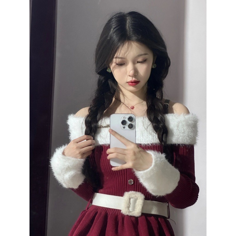 ファーステッチのレディースニットドレスワンショルダーセーター鎖骨が見える高級感のあるシックなショートスカート