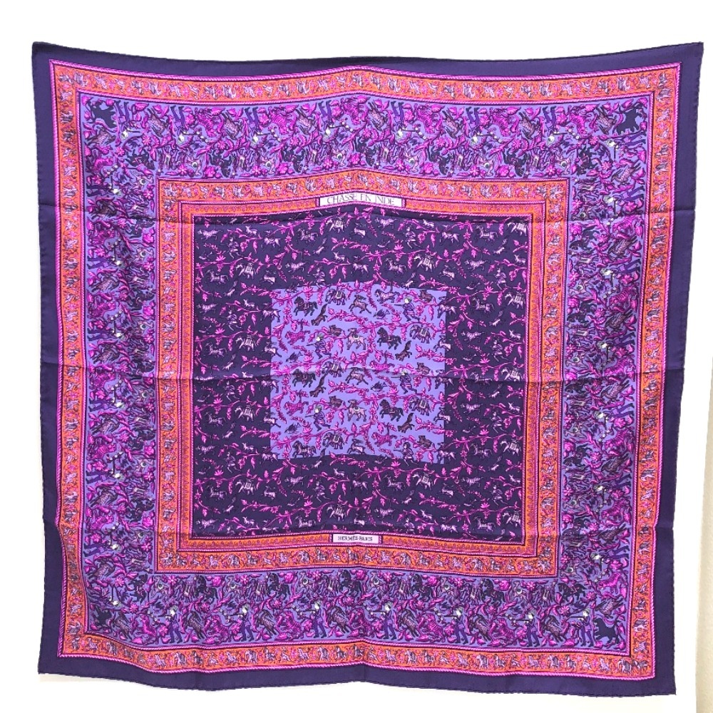 スカーフ CHASSE EN INDE カレ90 スカーフ シルクスカーフ シルク パープル