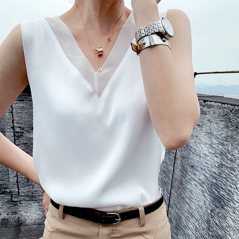 グレー 切り替え Vネック 秋 ノースリーブ 襟付き 白 ブラウス 4色 タンク 春 ホワイト 黒 シャツ シンプル 夏 ス レディース ブラック バックコンシャス 灰 大人可愛い スリム インナー