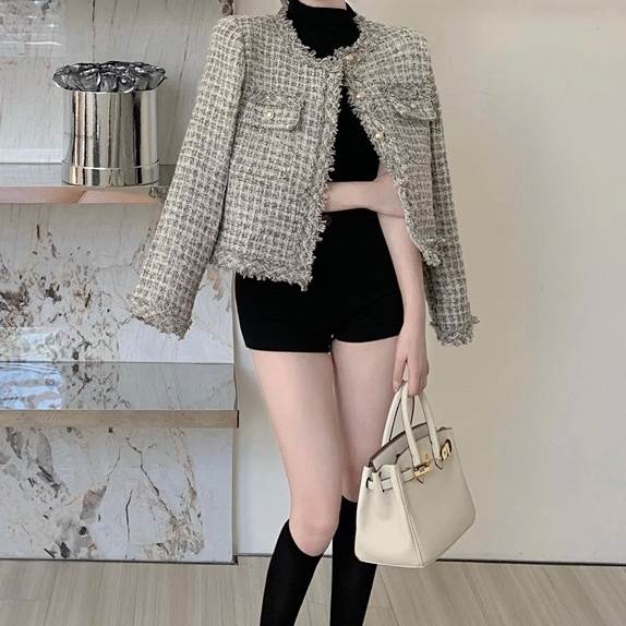 アウター レディース ノーカラー ジャケット ツイード スーツ 袖あり 長袖 Uネック 襟なし 前開き グレー ホワイト 大人可愛い 大人 上品 おしゃれ レトロ エレガント チェック柄 格子柄 春