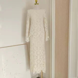 セレブ気質優しいスタイルニッチシックかぎ針編みビーズスパンコールニットトップ+ハイウエストスカートスーツスカート