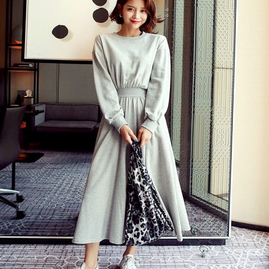 【取寄：納期2週間】ワンピース レディース ロング丈 カジュアル ワンピース ウエストバンド ハイウエスト ワンピース ノーカラー スウェット かわいい ワンピース レディース ロング丈 カジュアル