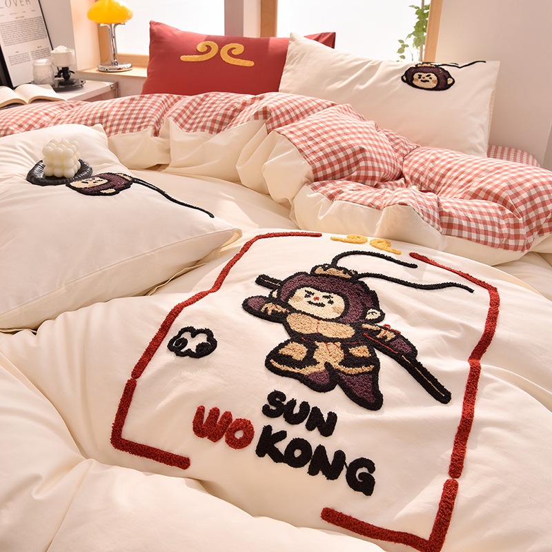 11 漫画のかわいいタオル刺繍入りベッド4ピース綿洗浄綿のシーツキルトカバーカバー3ピースセットの寝具