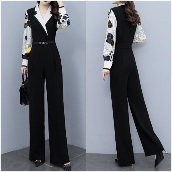 【取寄：納期2週間】パンツドレス パンツスーツ 長袖 ジャンプスーツ 大きいサイズ XL 2XL ワイドレッグパンツ 体型カバー お呼ばれ きれいめ エレガント 結婚式ドレス オールインワン 個性的
