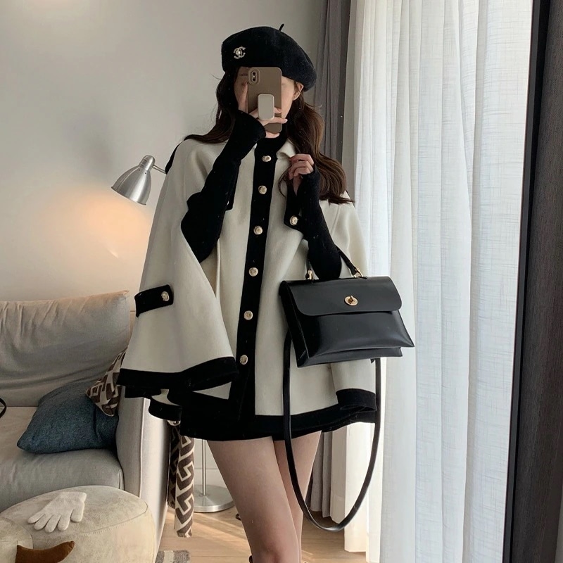 モノトーンケープコート ポンチョ ケープ. コート アウター 可愛い 上品 羽織り レディース ヘップバーン スタイル ショートコート ２カラー