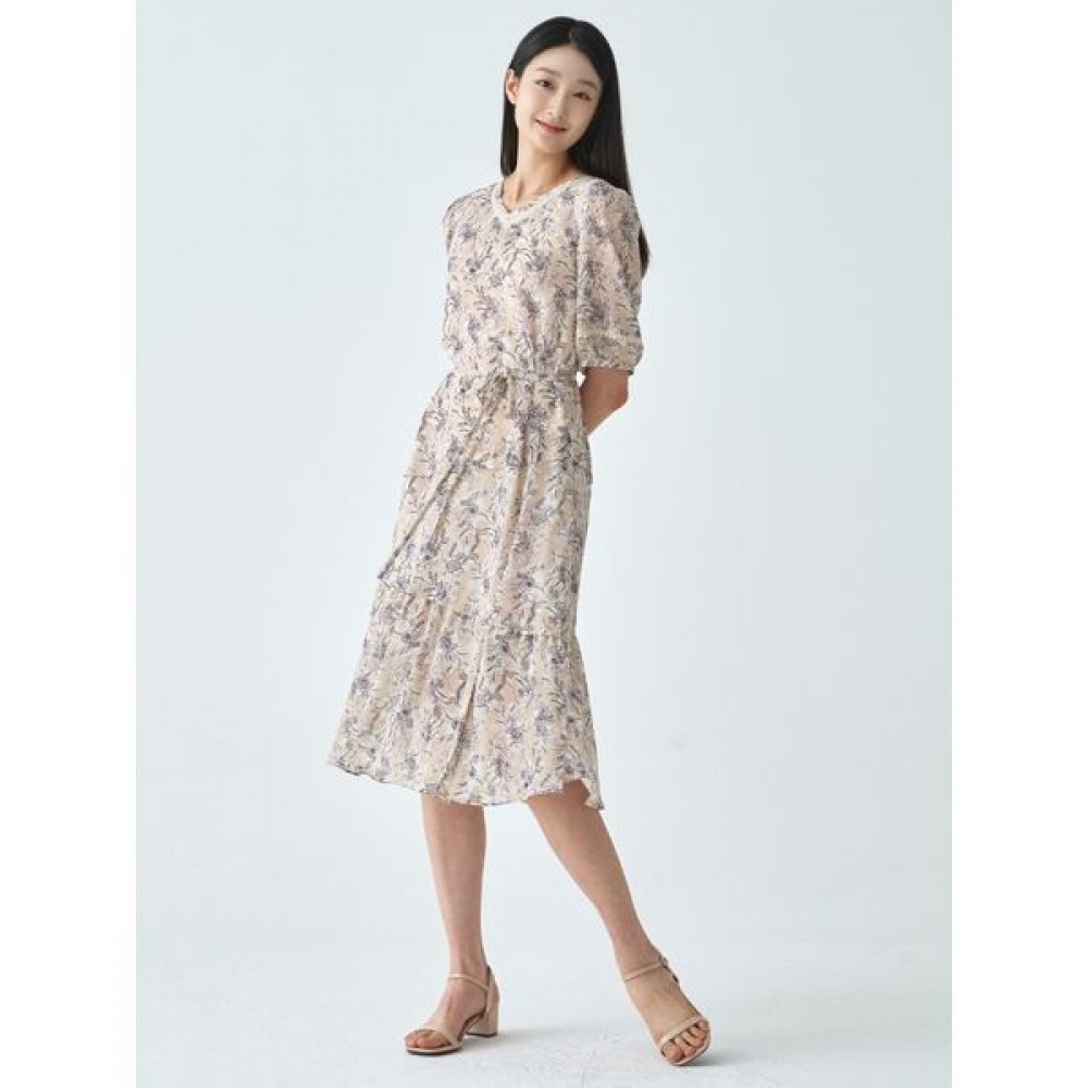 [ジセン] シフォンプリントベルト付きフレアワンピース LFOPO502_LB