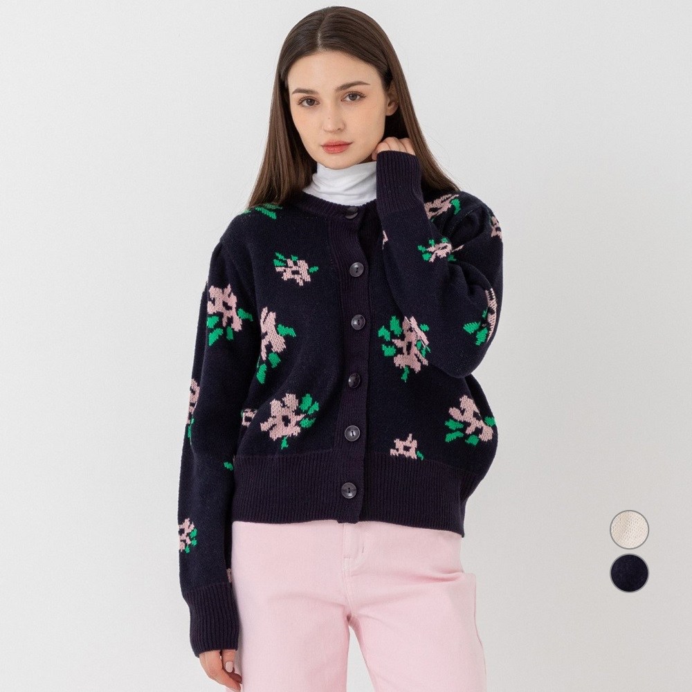 ELLE PARISフラワーパターンジャカードニットカーディガン