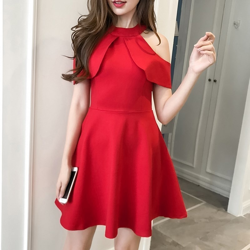 1530.オフショルダーAラインミニドレス（レッド）2019 春夏 sale パーティー 結婚式 披露宴 二次会 同窓会 誕生日