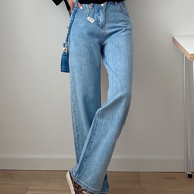 2色 ボトムス パンツ 春夏 カジュアル レディース ストレートパンツ デニムパンツ 無地 ハイウエスト ポケット ネイビー 春カラー ライトブルー かわいい 大人可愛い シンプル おしゃれ お洒落