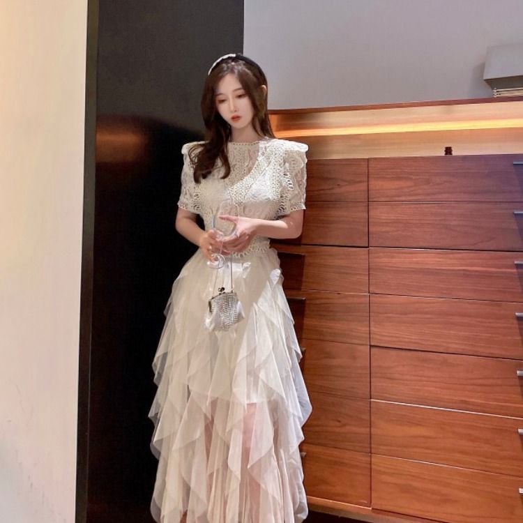 シースルー パーティードレス チュール レース 大人可愛い ドレス カジュアル 結婚式 カジュアルドレス レディース